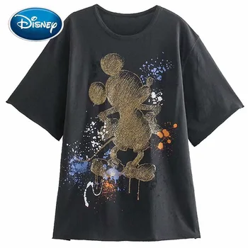 Disney Šiks Mickey Mouse Tintes Grafiti Karikatūra Izdrukāt T-Krekls Sievietēm Harajuku Īsām Piedurknēm, Sieviešu Ikdienas O-Veida Kakla T-Veida Topi, Streetwear