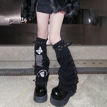 Japāņu Harajuku Sweet Meitenes Atdzist Kāju Siltāks Punk Tauriņš Burtu Drukāšanas Sprādzes Karstā Meitenes Melnās Kājas Zeķes, Kāju Pārsegs Sievietēm