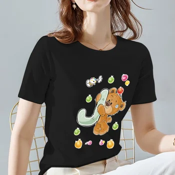 Modes Salds T-krekls Sievietēm Piepilsētas Apģērbu Ikdienas Topi Lācis Burts J Sākotnējo Nosaukumu Drukāšanas O-veida kakla Dāmas Melnā Īsām Piedurknēm