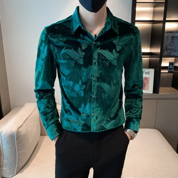 Rudens Ziemas Samta Krekls Vīriešiem Augstas Kvalitātes Casual Slim Ziedu Krekls Vīriešu Biznesa Formālu Kleita Krekli Streetwear Chemise Homme